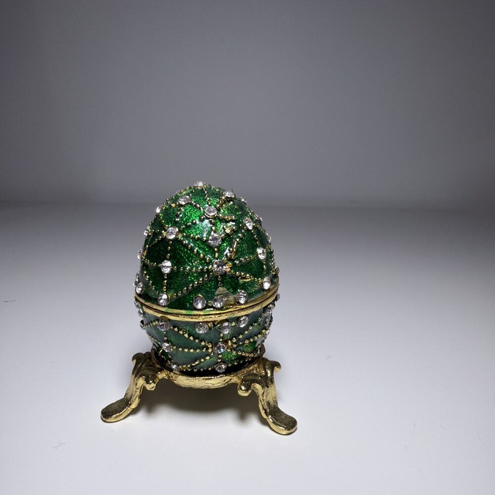 Green/Gold Enameled Decorative Rhinestone Egg With Stand